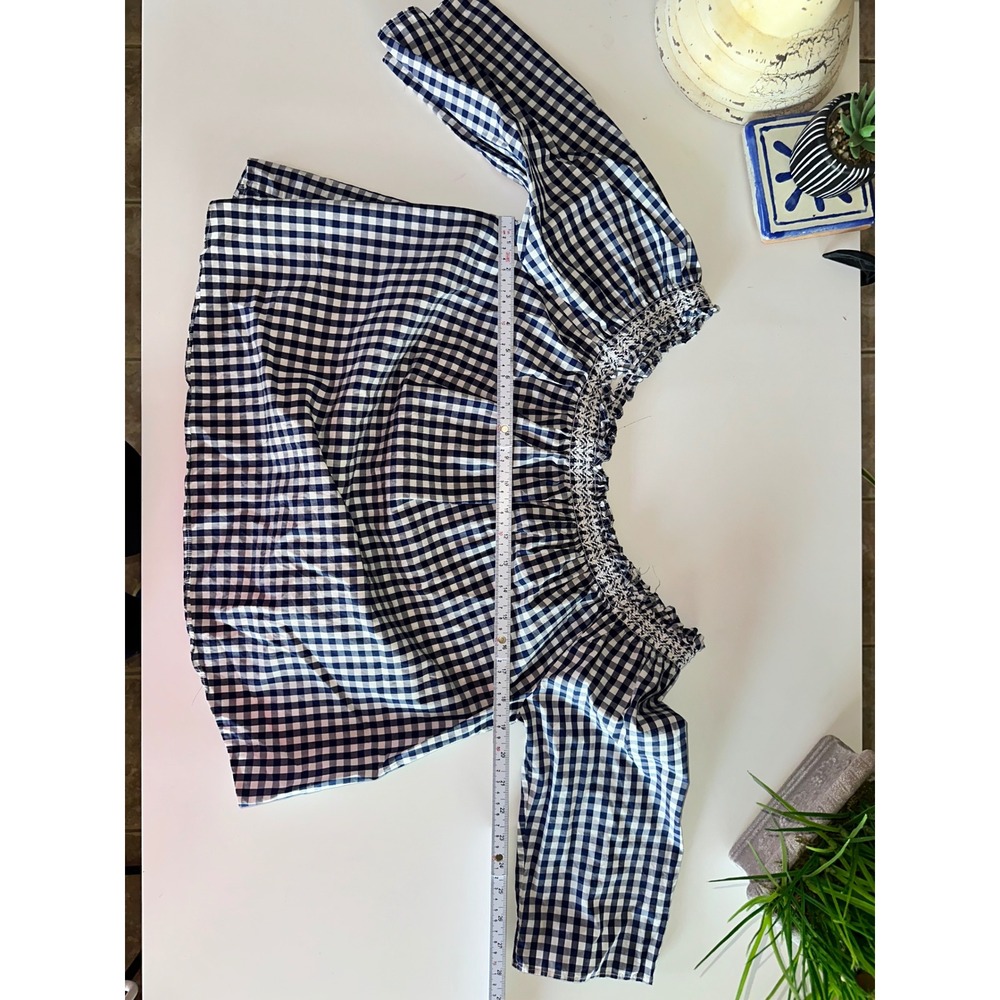 Madewell Navy White Gingham Smocked Off The Shoulder Cotton Blouse G1547 SP 17